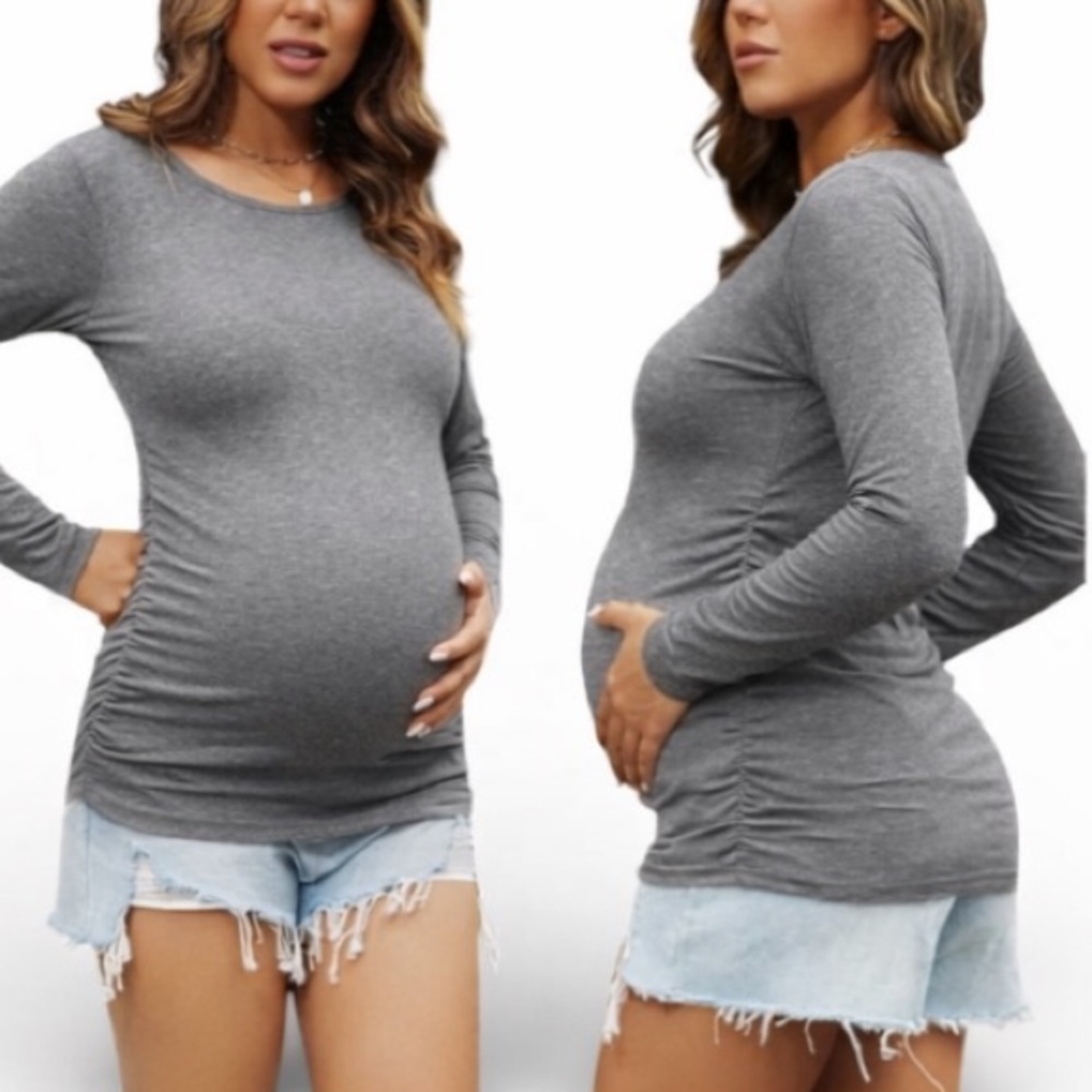 Unbranded maternity gray long sleeve scoop neck fitted stretch top size medium